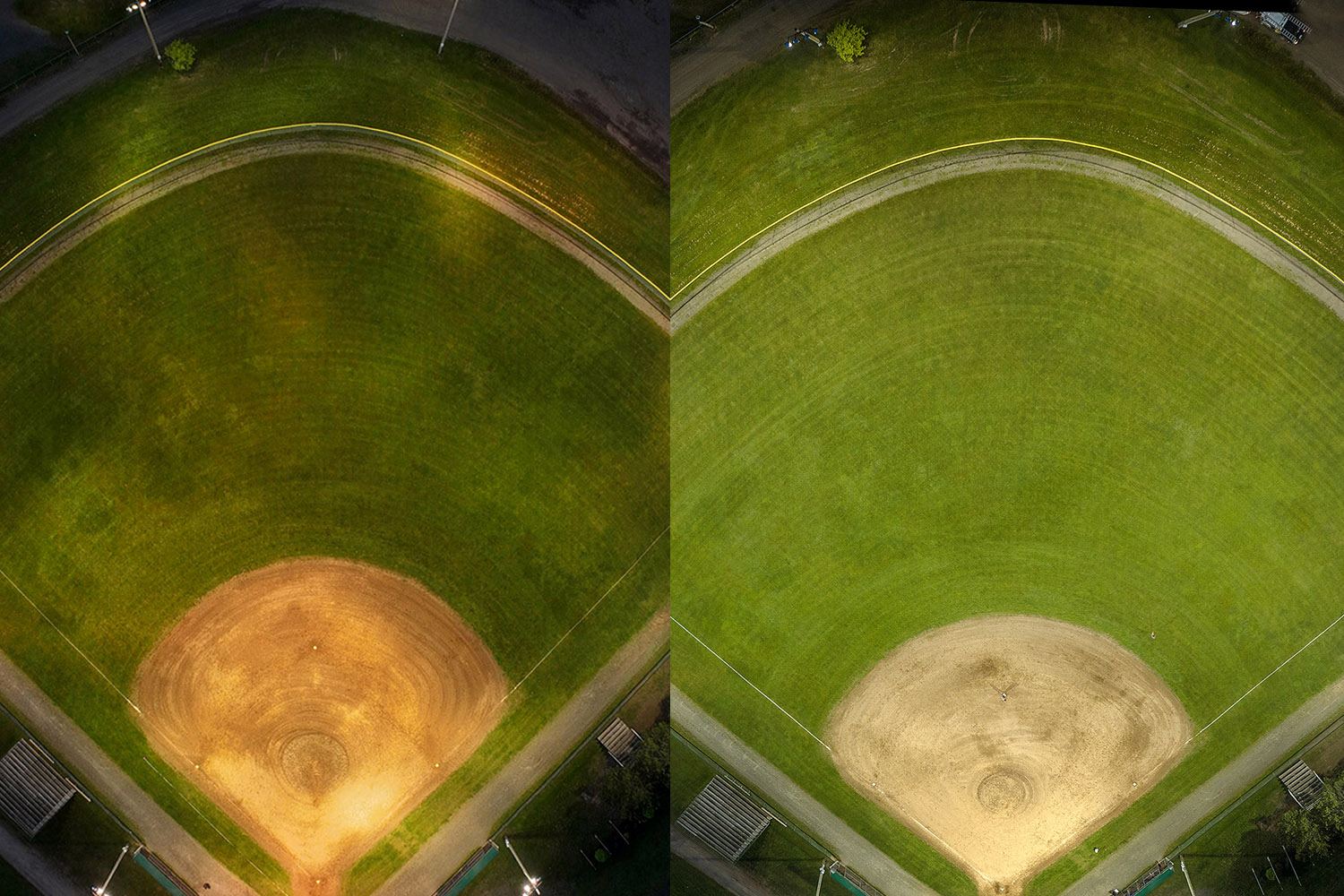 Overhead view of before and after comparison for HID to LED retrofit at Harold Page Field