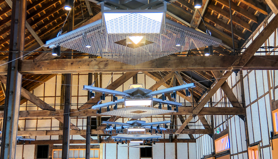 Lighting fixtures in overhead rafters 