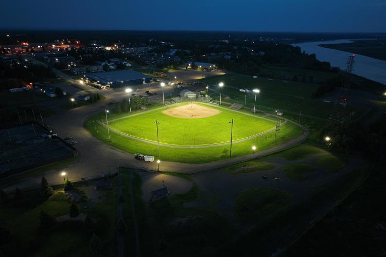 A distant drone view of Harold Page Field shows the excellent light cut off of the LED Lamps