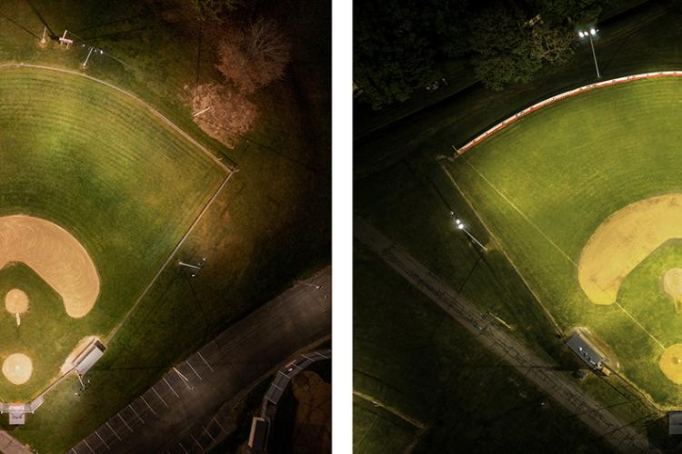 Before and after of ESPL LED Sports Lighters at Dover Ohio ballfield from overhead drone