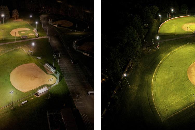 Before and after of ESPL LED Sports Lighters at Dover Ohio ballfields from overhead drone angled