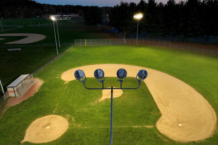 From above and behind 4 new ESPL LED Sports Lighters overlooking Dover Ohio ball field