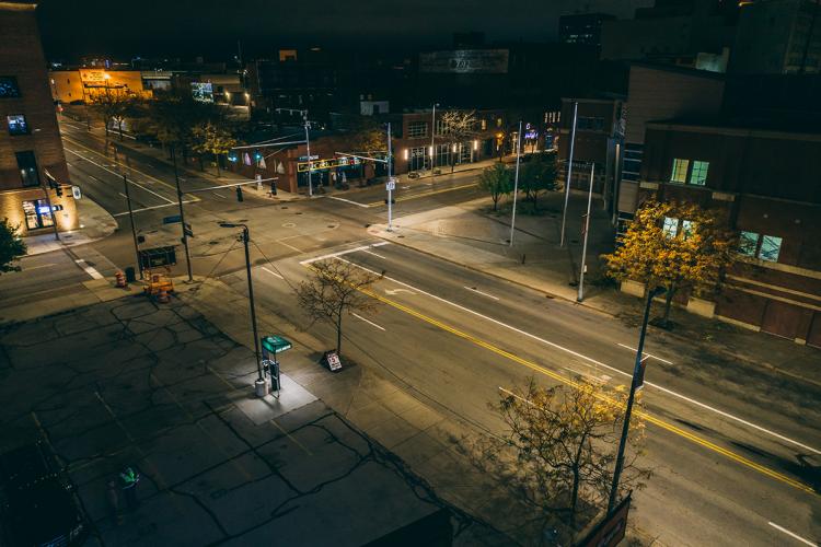 Evolve roadway lights on Toledo streets at night.