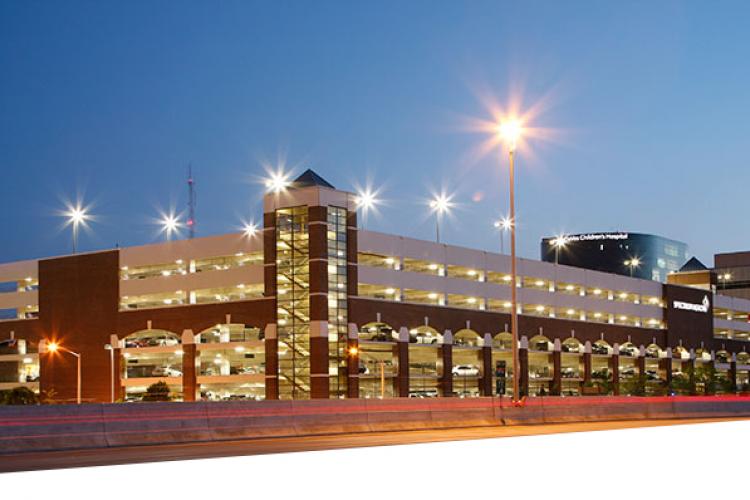 Parking garage with exterior lights